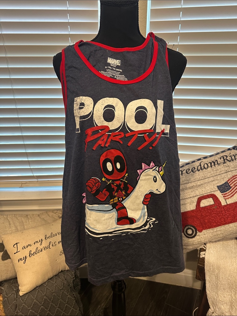 Marvel men’s Tank Top in Navy and Red - Deadpool Pool Party Graphic